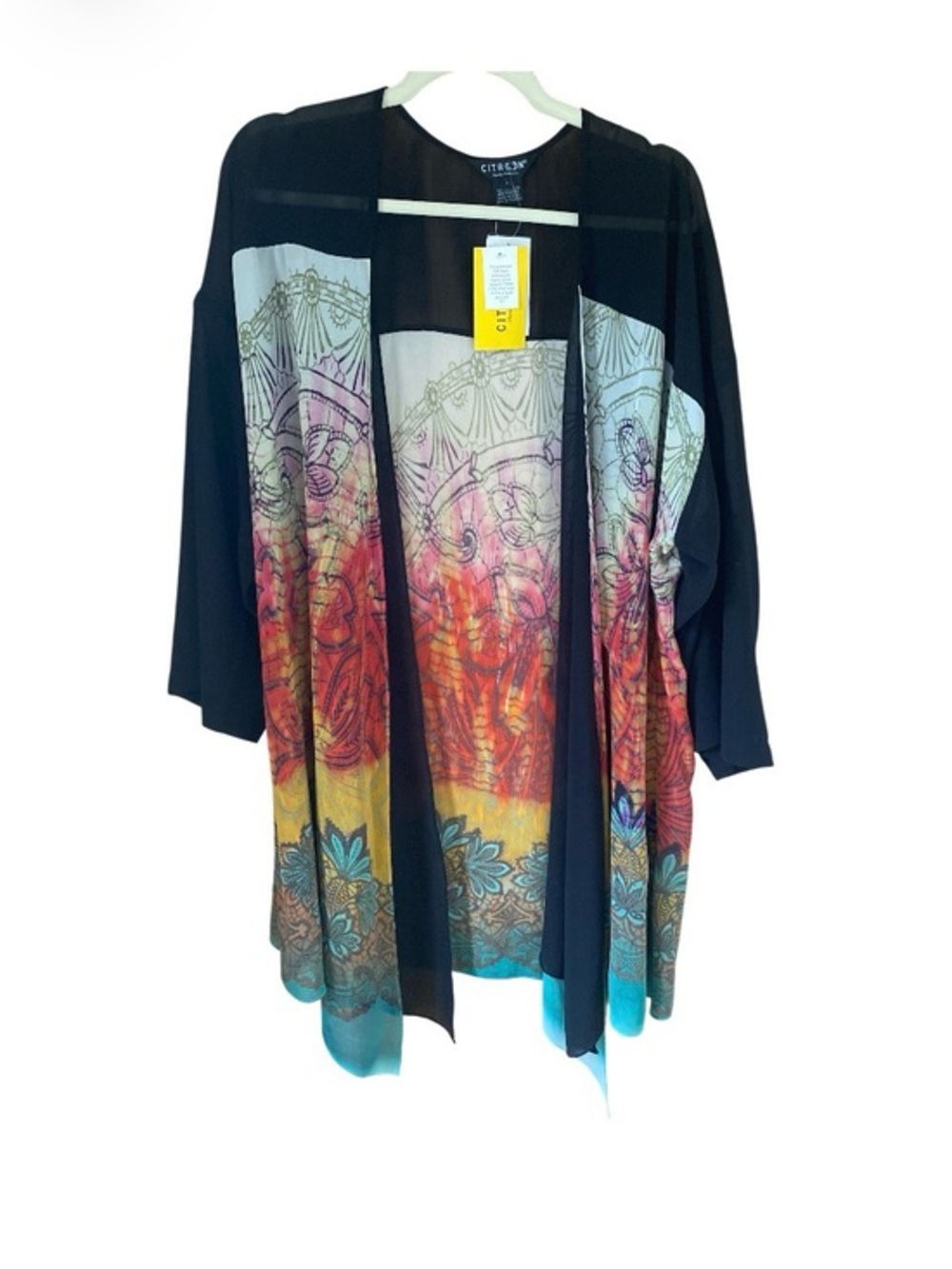 NWT Citron Santa Monica Kimono Womens Size L Silk Open Front Sheer Floral Design